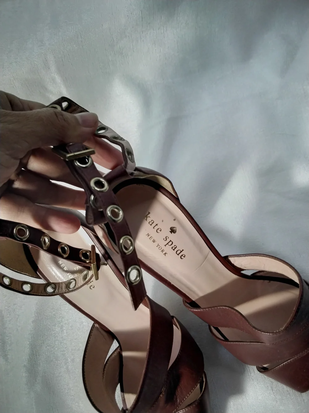 kate spade Brown Leather High Block Heel Sandals with Studded Ankle Strap